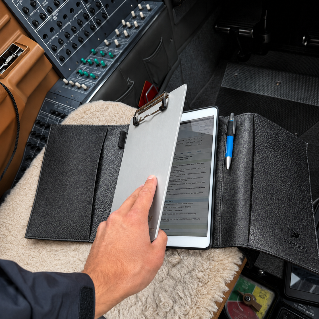 Pilot opening Stormbird premium leather knee board with silver clipboard, and tablet