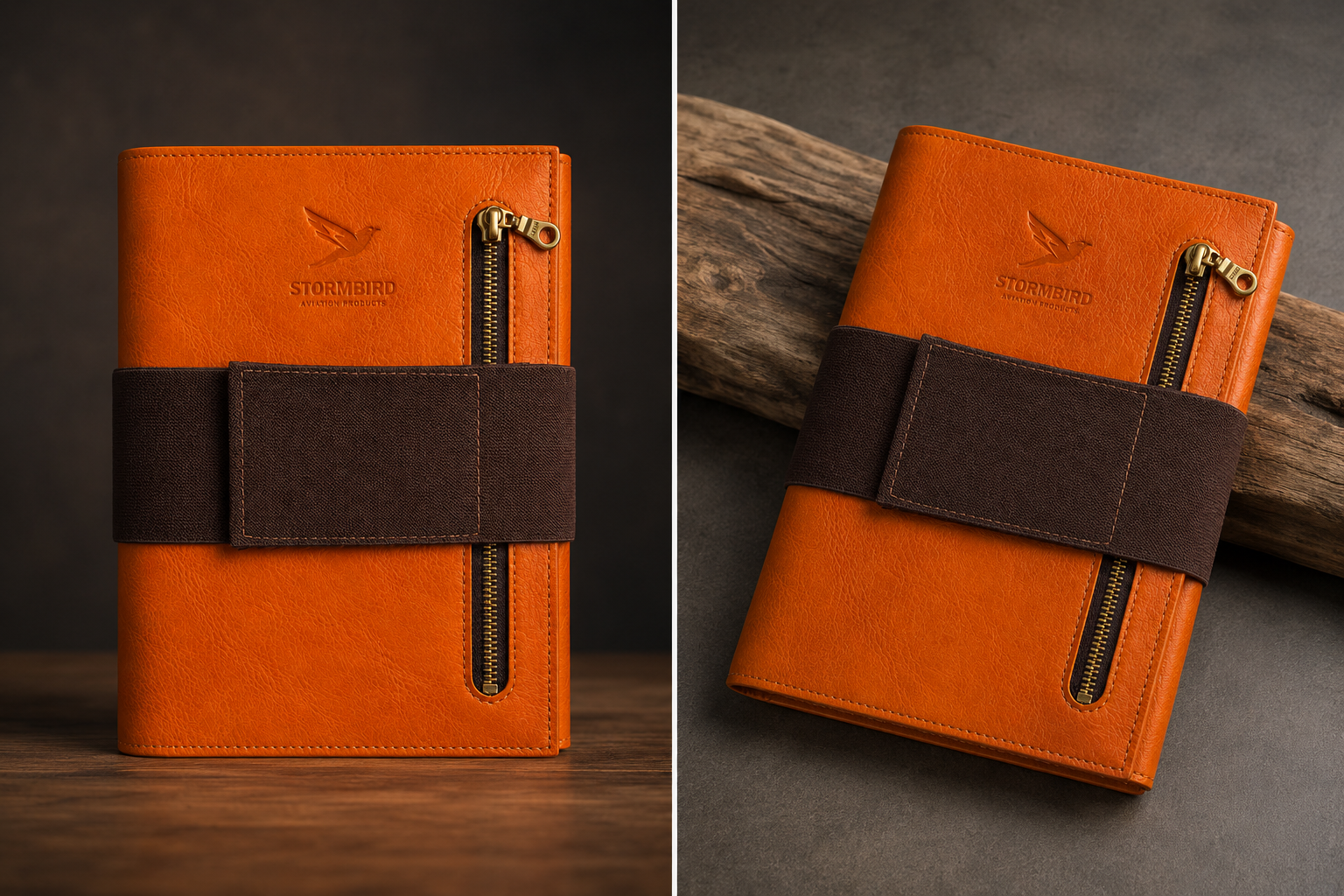 Heritage leather Stormbird kneeboard with brown strap and gold zipper on a dark background