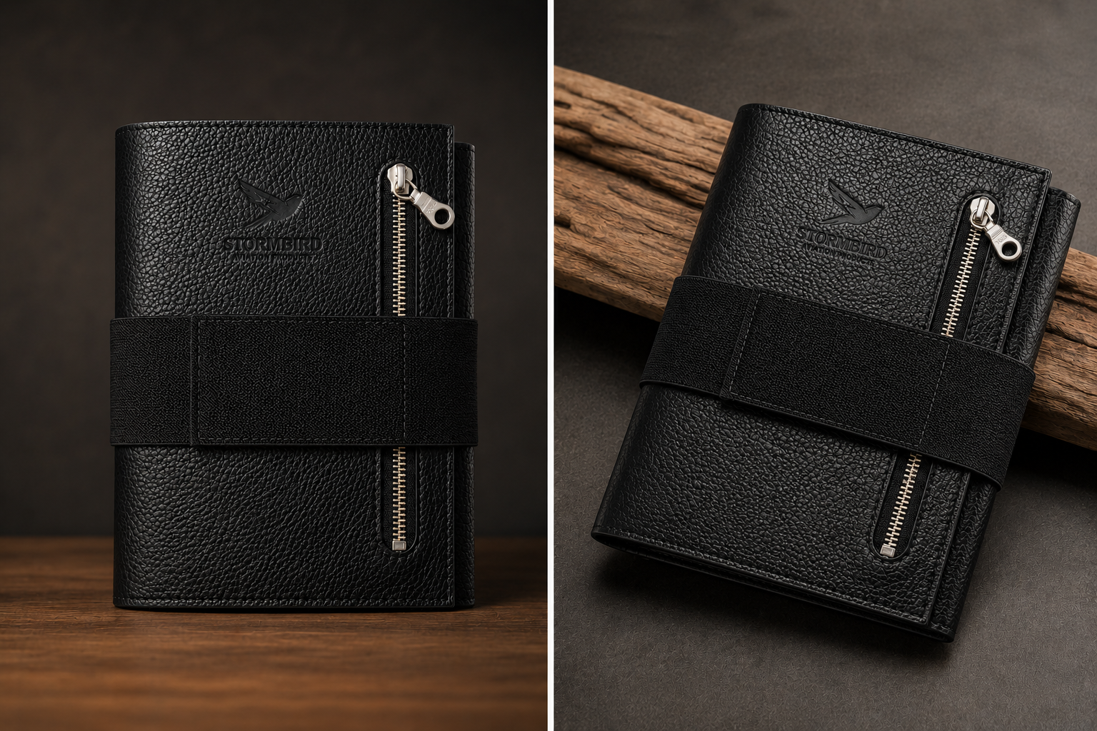 Black leather Stormbird pilot kneeboard with black strap shown closed a dark background