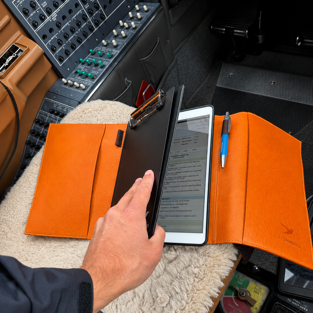 Premium leather kneeboard opened with tablet and clipboard