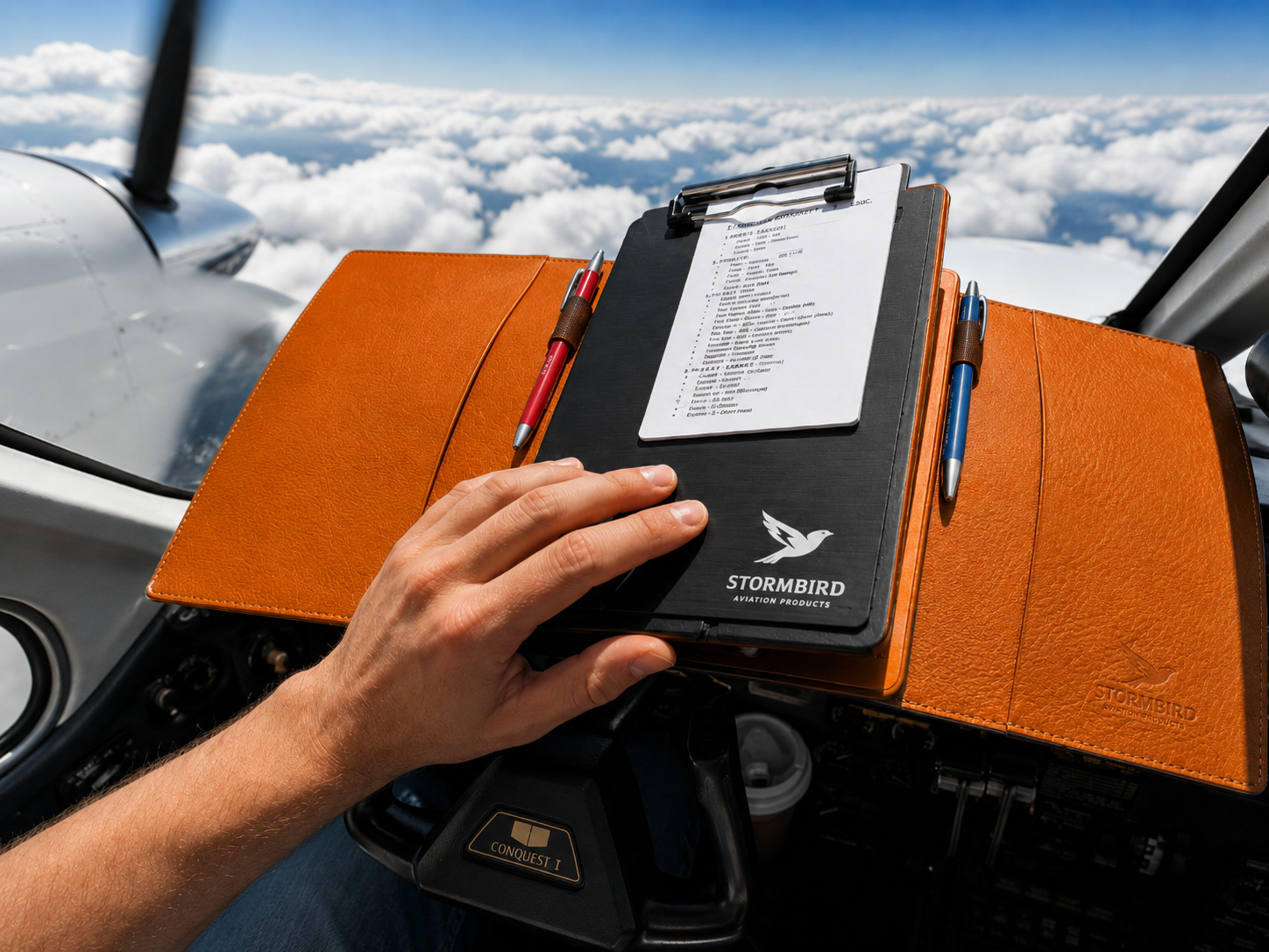 Pilot opening heritage leather orange Stormbird premium knee board in Flight with black clipboard
