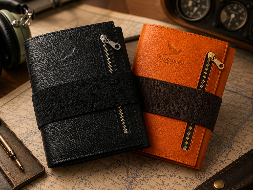 Black and orange leather aviation kneeboards with zippers on a map background