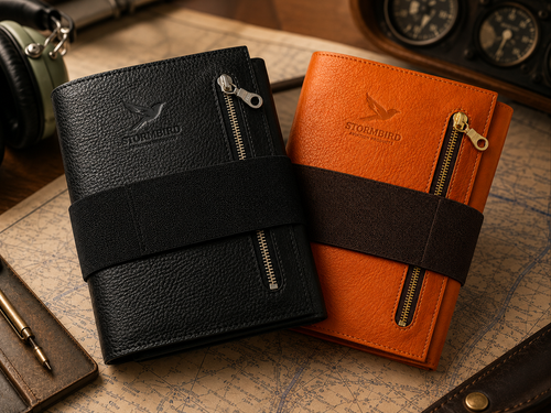 Black and orange leather aviation kneeboards with zippers on a map background