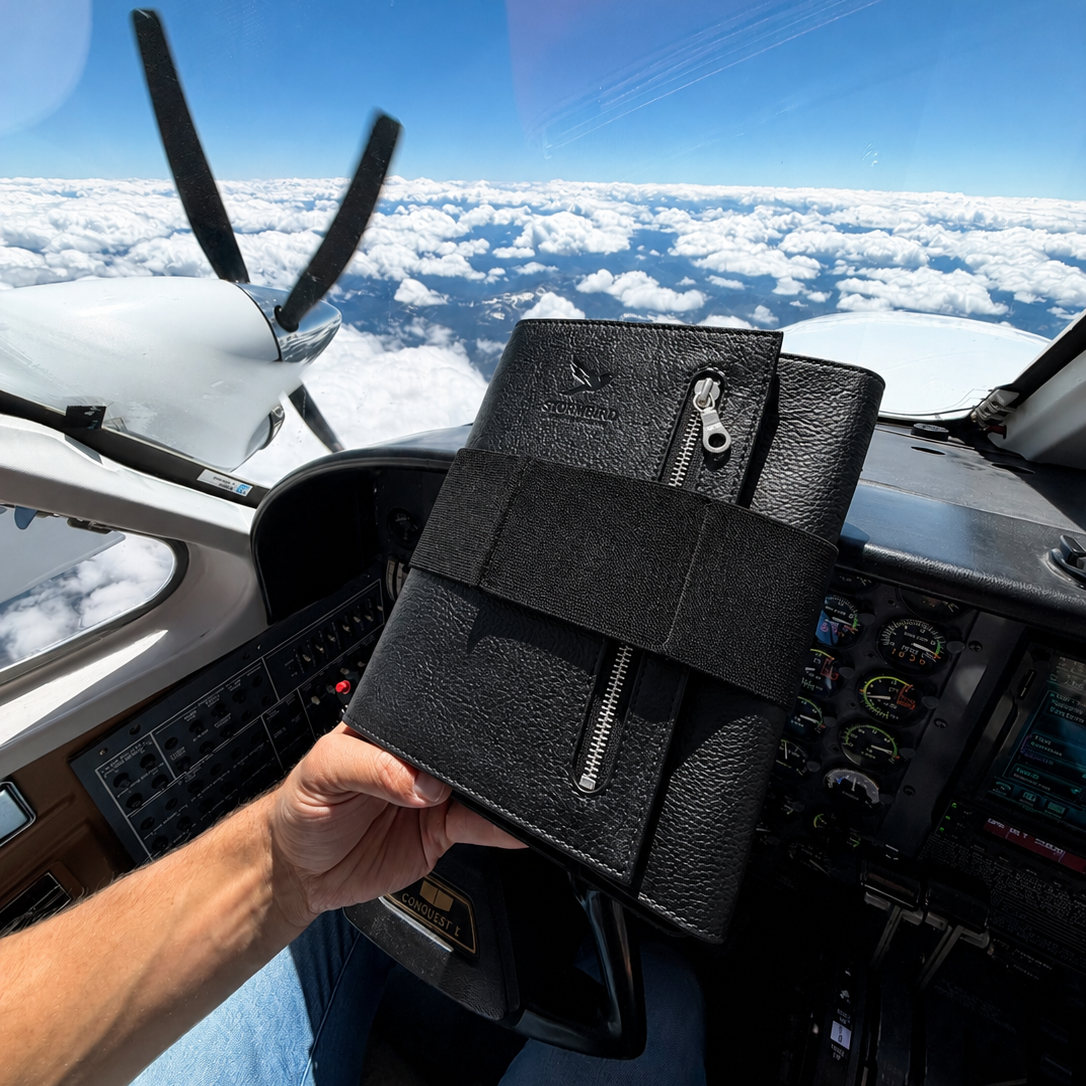 Leather Aviation knee board in cockpit by stormbird