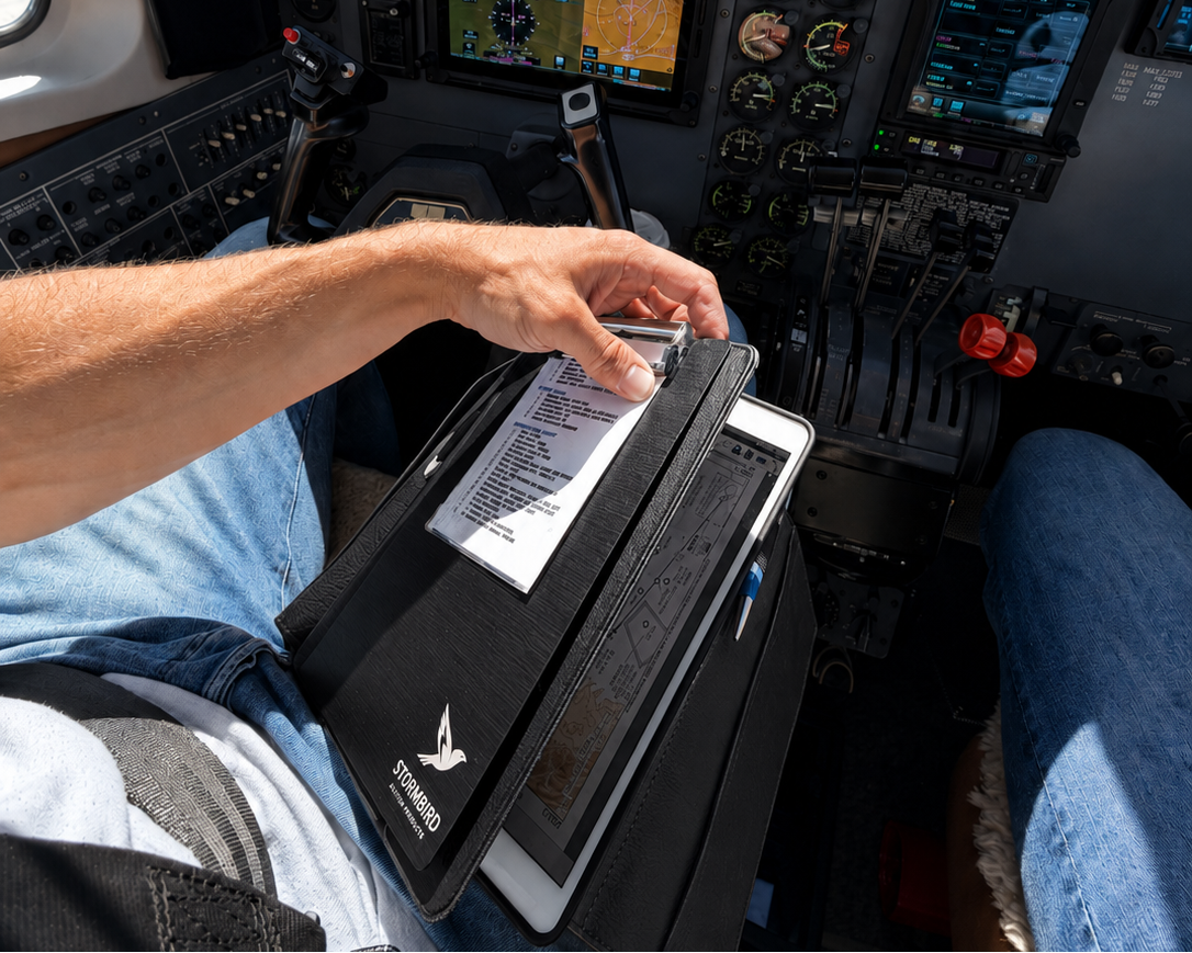 stormbird leather pilot knee board with clipboard and tablet in cockpit